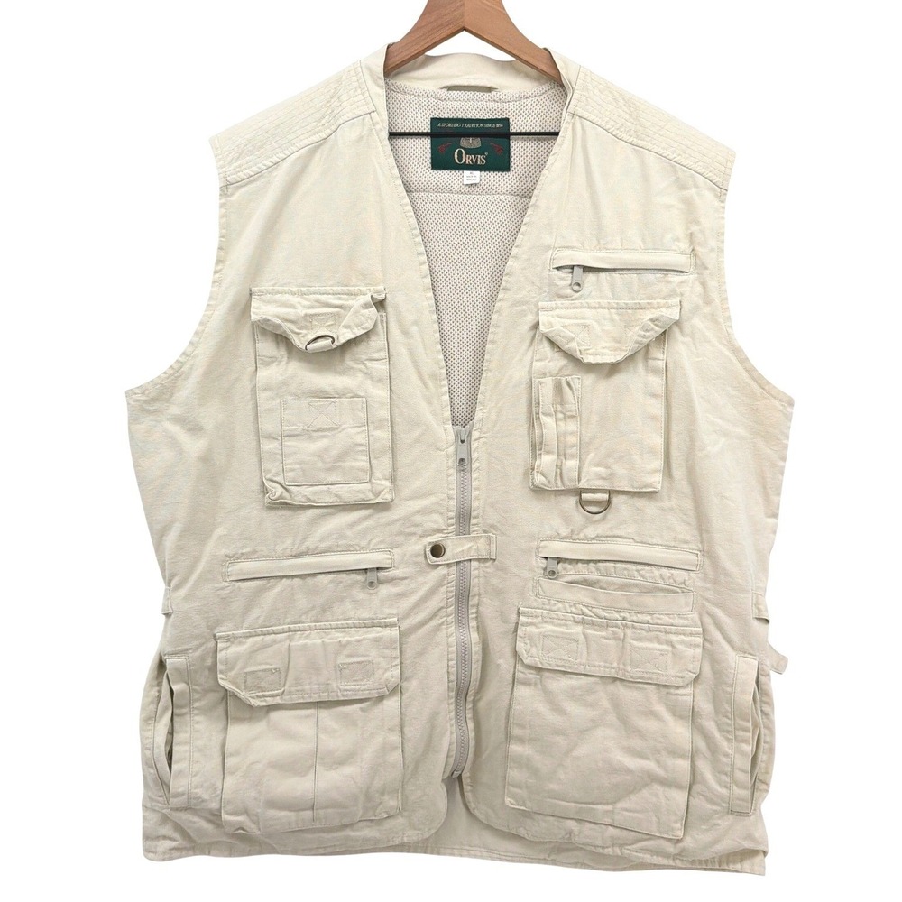Orvis Fishing Vest Mens Tag XL XXL Fit Beige Zip Pockets Utility Safari Gorpcore